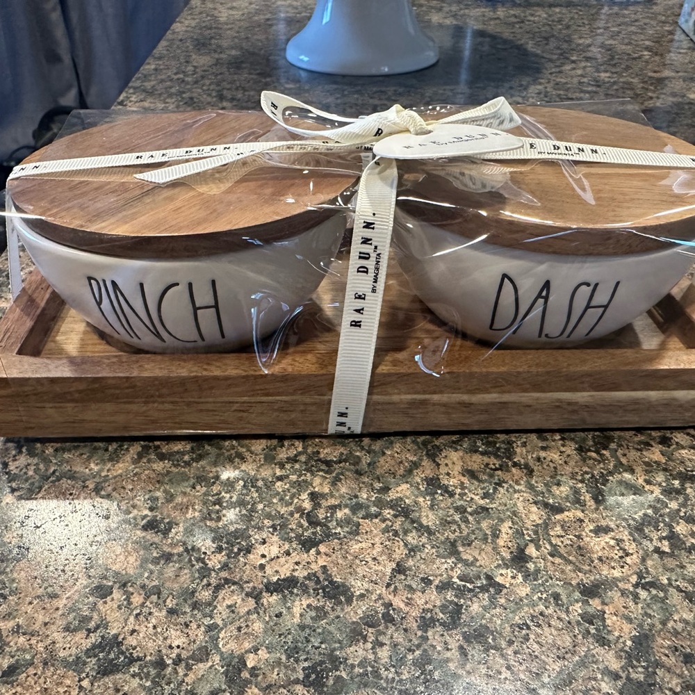 Rae Dunn salt and pepper container with lids and tray